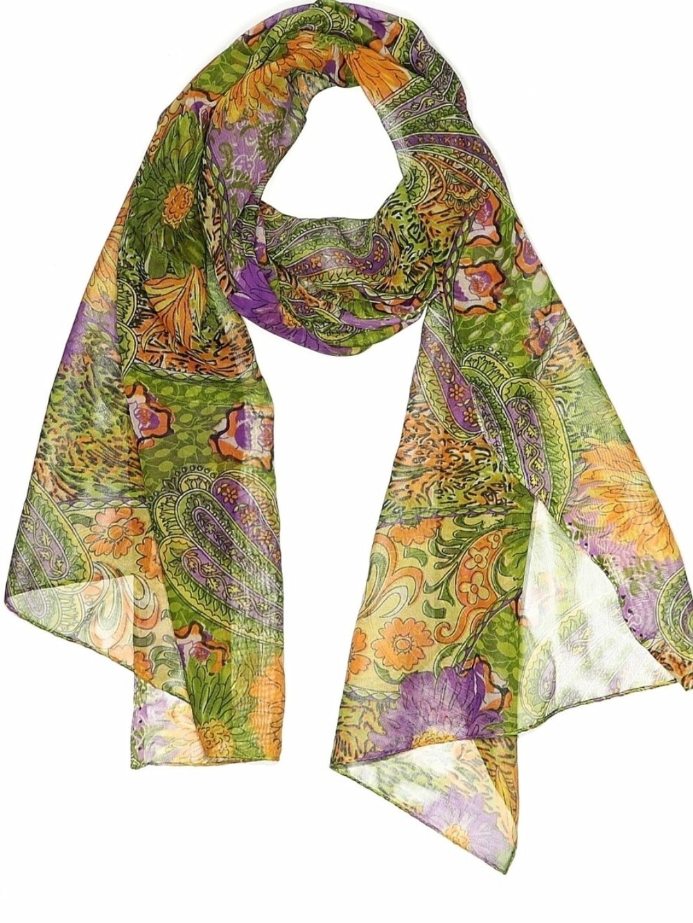 Lightweight Green Paisley & Floral Scarf with Purple Accents